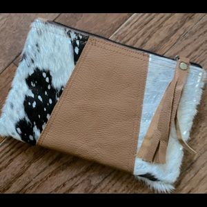 Hair on hide cow print and leather small clutch